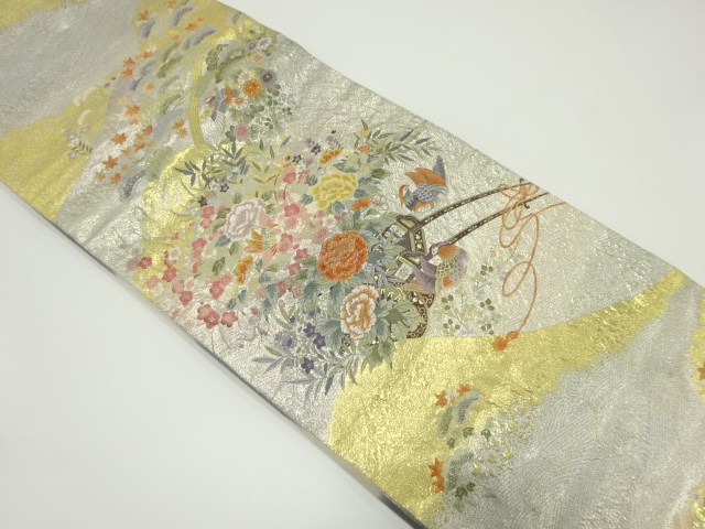 リサイクル　廣瀬織物製　鴛鴦に花車模様織り出し袋帯